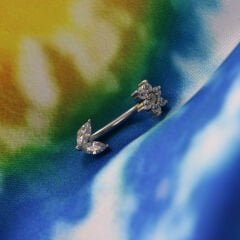 Çiçek Zirkon Taşlı Gold Çelik Göbek Piercing| Çelik & Gold Seçenekli