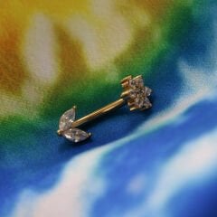Çiçek Zirkon Taşlı Gold Çelik Göbek Piercing| Çelik & Gold Seçenekli