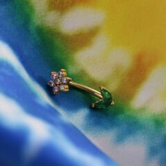 Çiçek Zirkon Taşlı Gold Çelik Göbek Piercing| Çelik & Gold Seçenekli