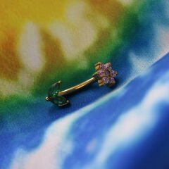 Çiçek Zirkon Taşlı Gold Çelik Göbek Piercing| Çelik & Gold Seçenekli