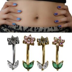 Çiçek Zirkon Taşlı Gold Çelik Göbek Piercing| Çelik & Gold Seçenekli