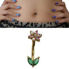 Çiçek Zirkon Taşlı Gold Çelik Göbek Piercing| Çelik & Gold Seçenekli