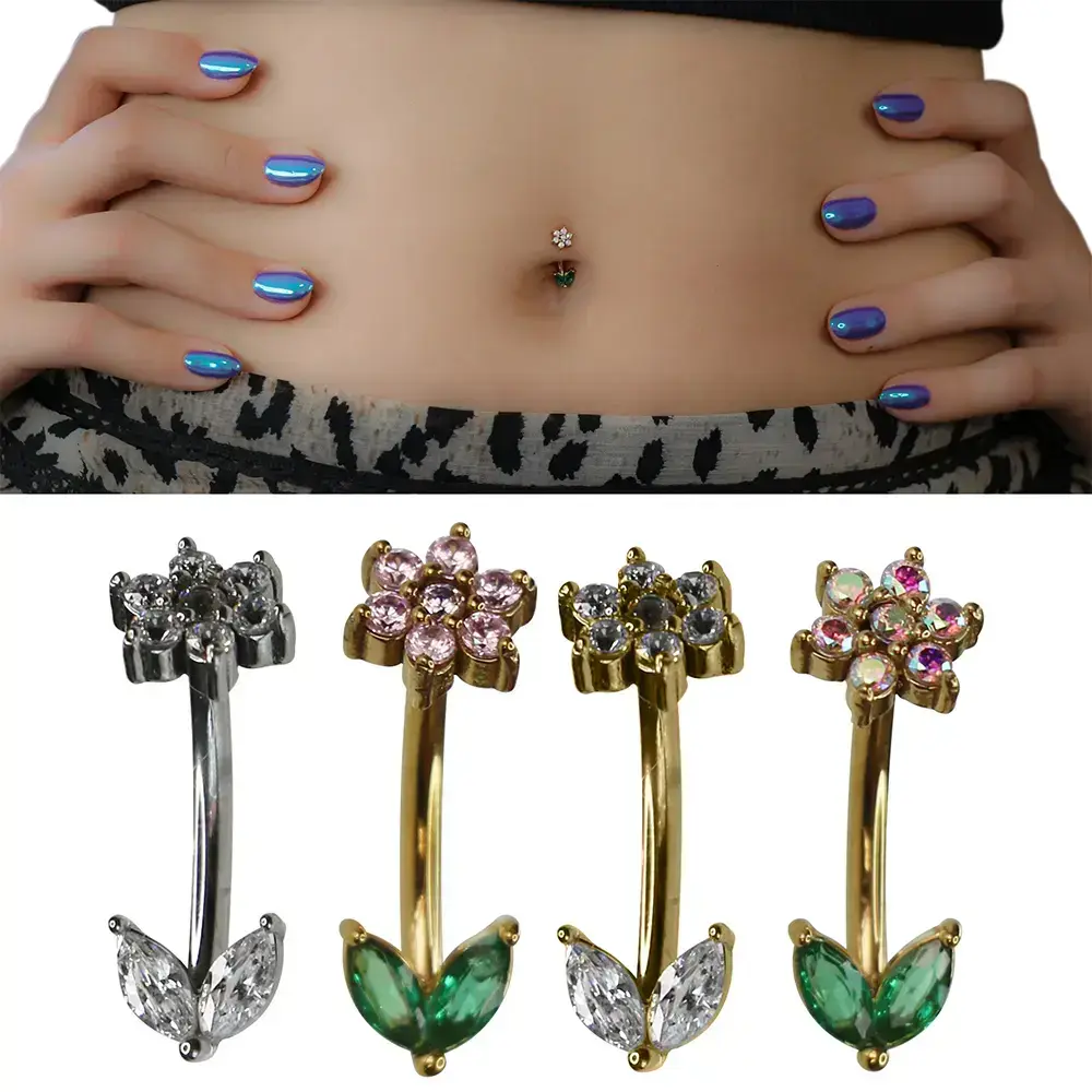 Eternal Bloom Çiçek Zirkon 316L Cerrahi Çelik Göbek Piercing Renk Seçenekleri