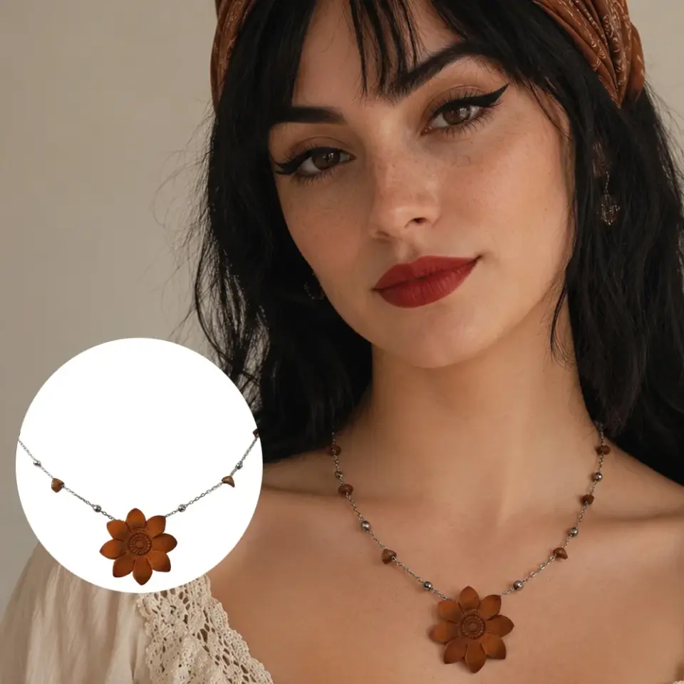 Kleopatra taba el yapımı Crazy deri çiçek kolye, paslanmaz çelik zincirli bohem kadın kolye