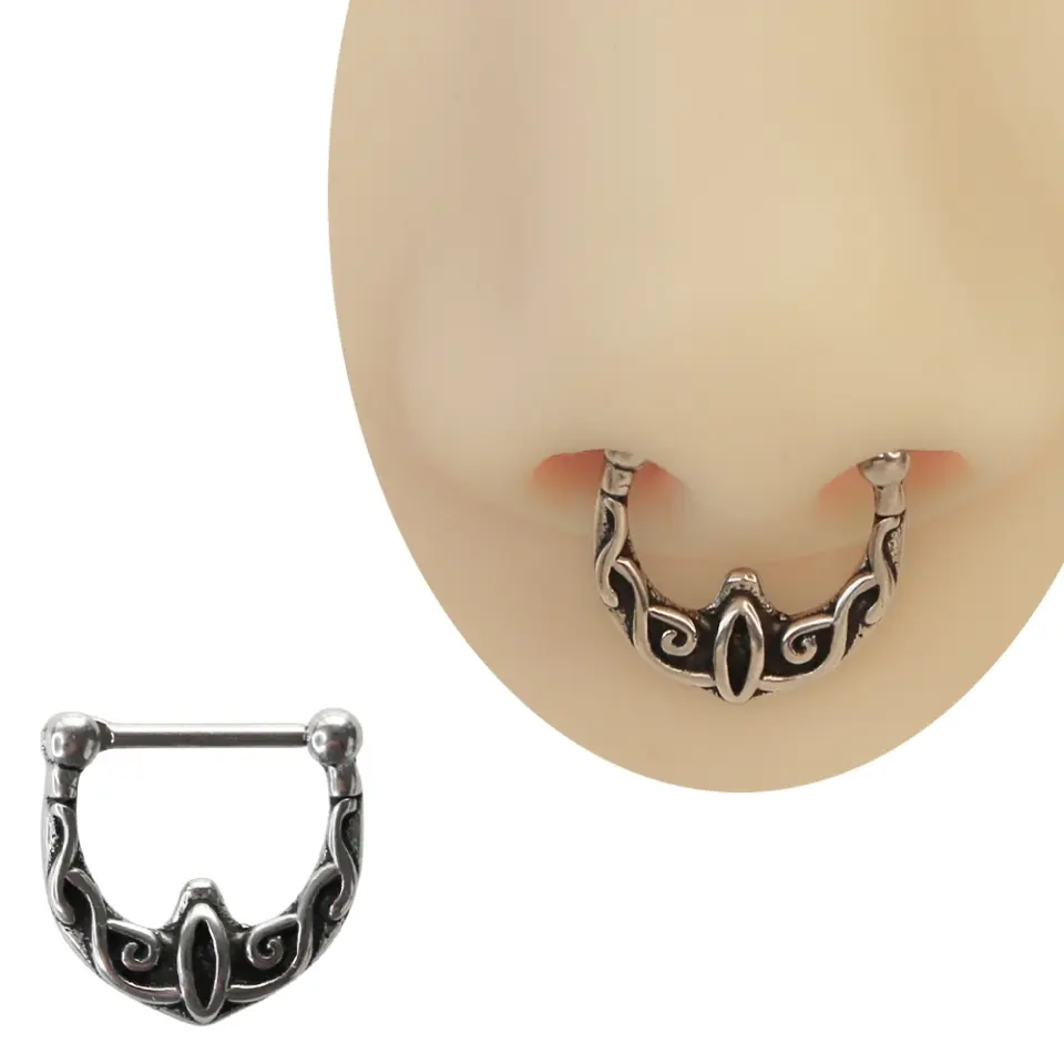 Etnik Septum Piercing – Kivrimli Desenli ve Oval Figürlü Septum Küpe