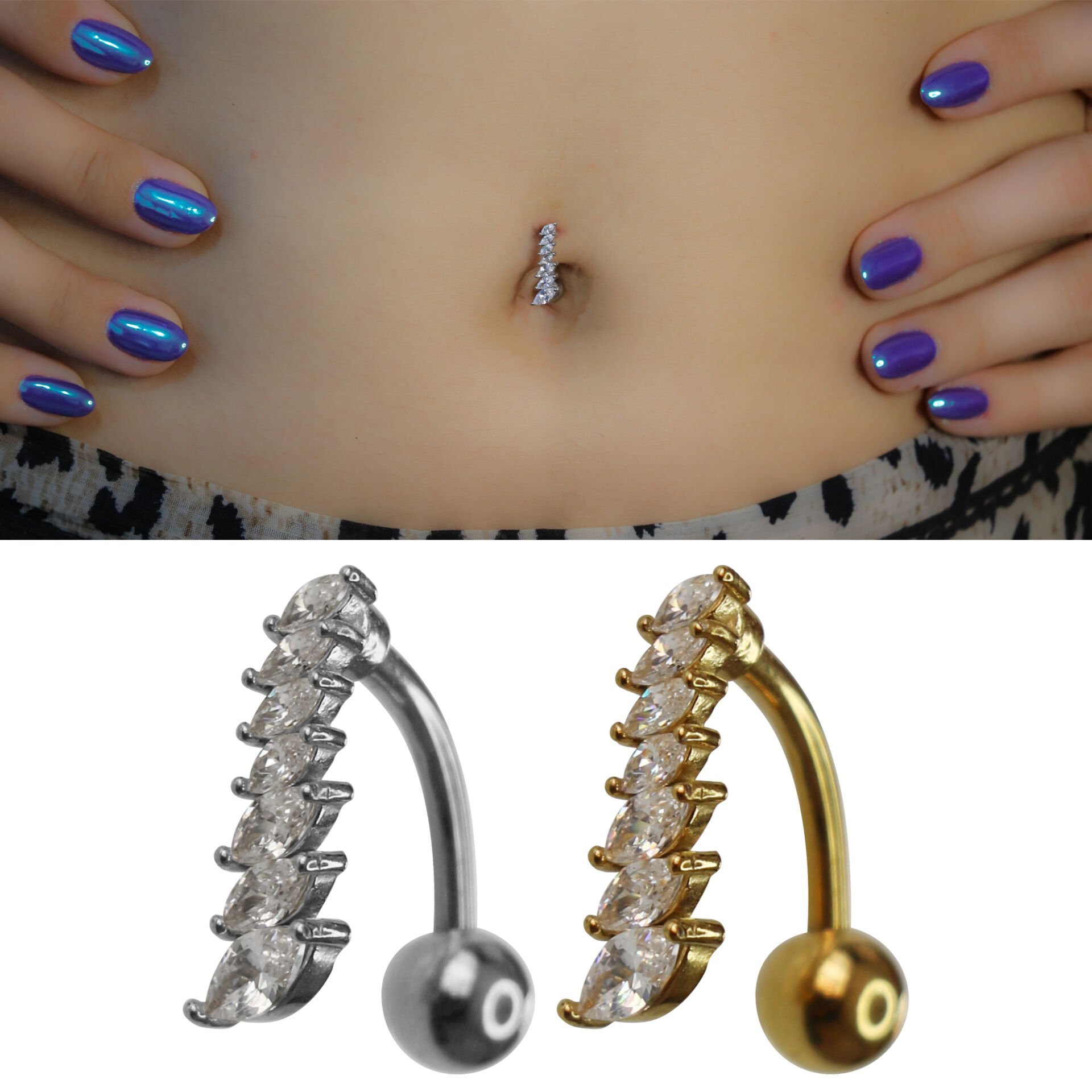 Diagonal Markiz Zirkon Çelik Göbek Piercing | Çelik & Gold Seçenekli