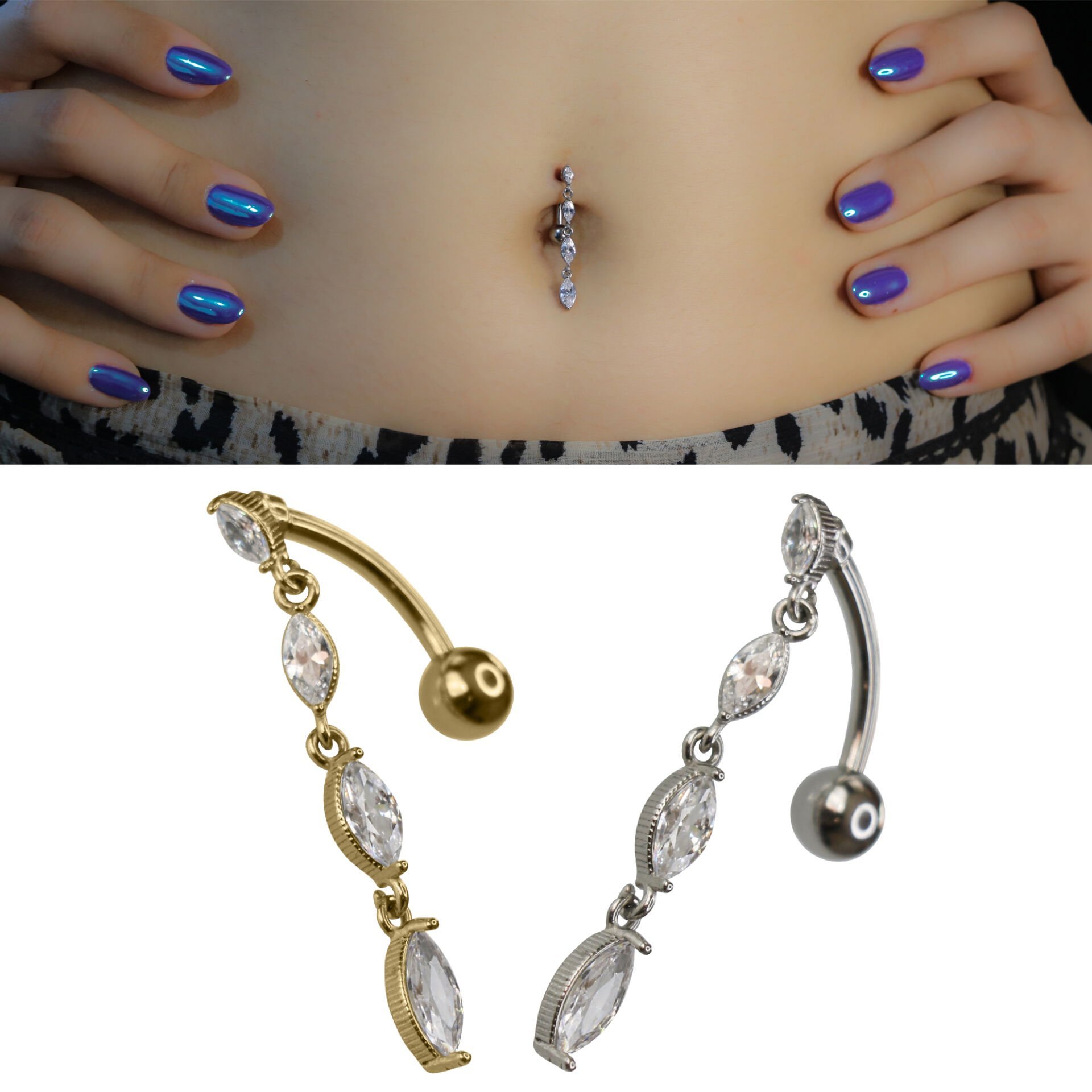 Dört Markiz Sallantı Zirkon Çelik Göbek Piercing | Çelik & Gold Seçenekli