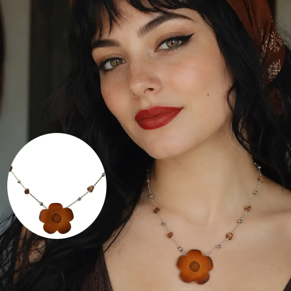 Hekate taba el yapımı Crazy deri çiçek kolye, paslanmaz çelik zincirli bohem kadın kolye