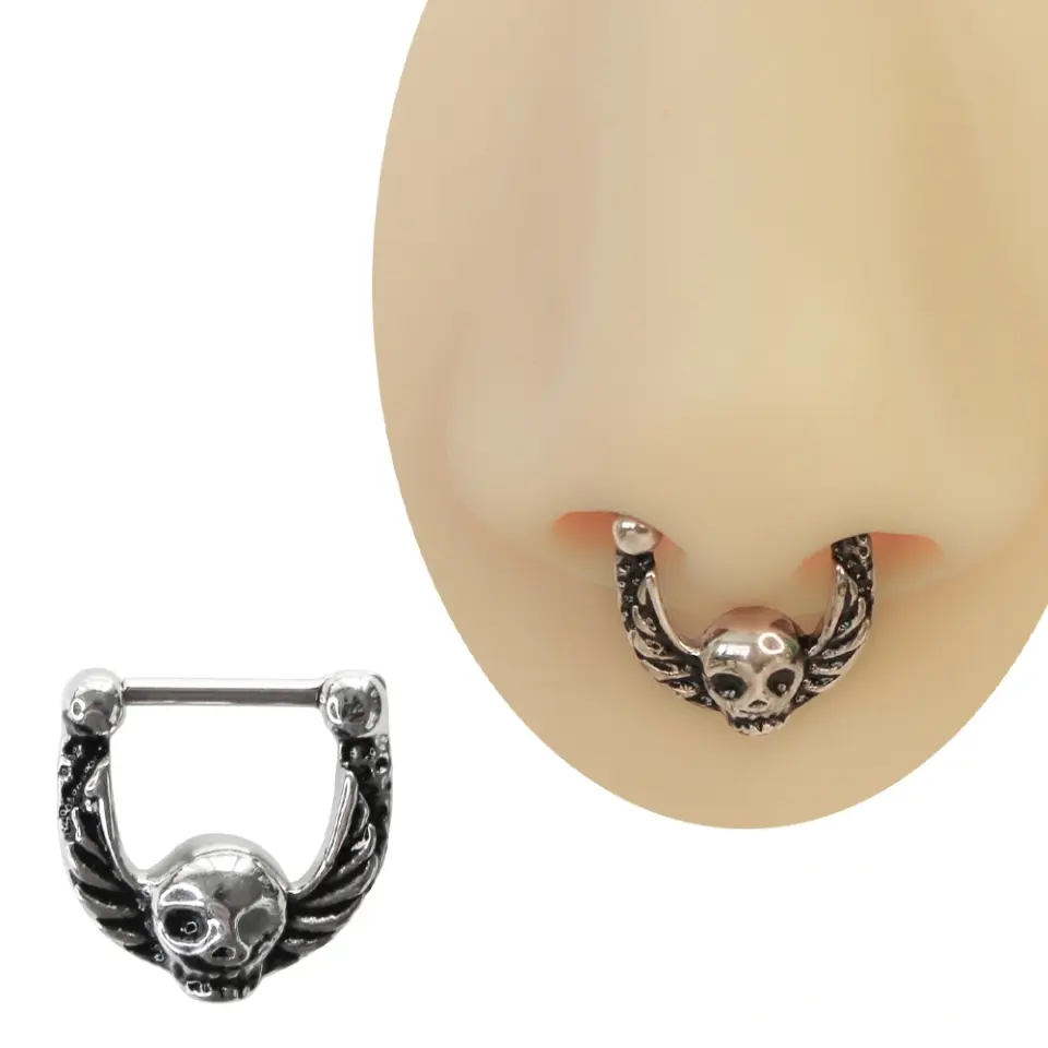 Cerrahi Çelik Barlı Septum – 1.2 mm Bar Kalınlığında Kanatlı Kurukafa Septum Piercing