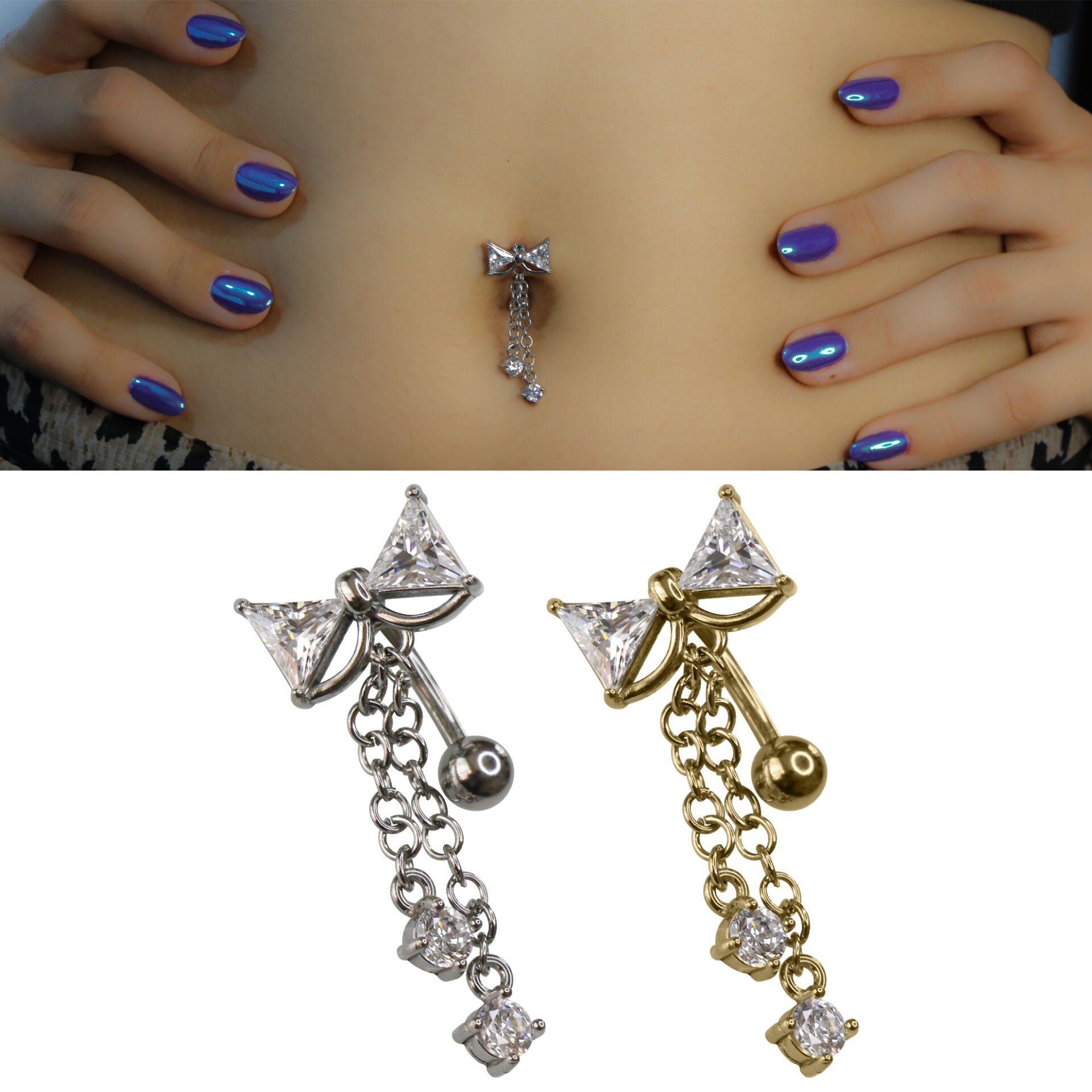 Fiyonk Sallantı Zirkon Çelik Göbek Piercing| Çelik & Gold Seçenekli