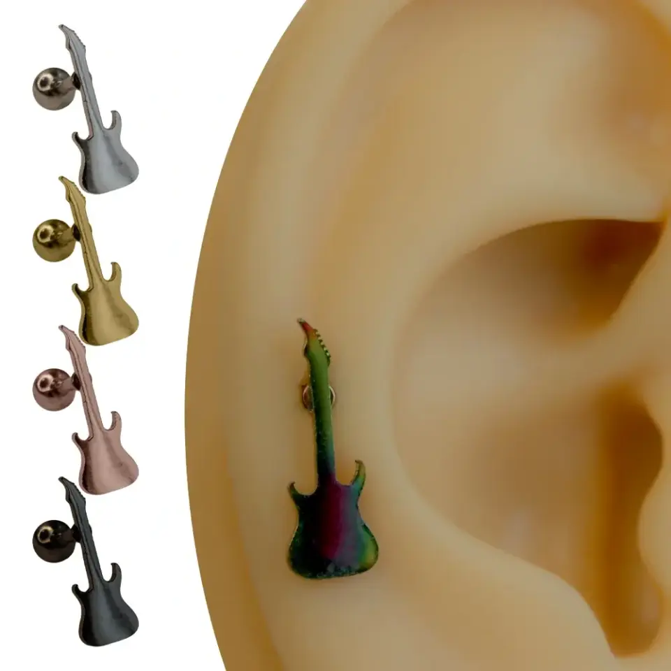 Sarı rose gümüş siyah ve gökkuşağı renkli gitar kıkırdak helix piercing seçenekleri