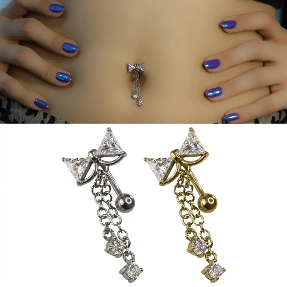Lady Bow Zirkon Kurdele Figürlü 316L Cerrahi Çelik Göbek Piercing Gümüş ve Altın Seçenekleri
