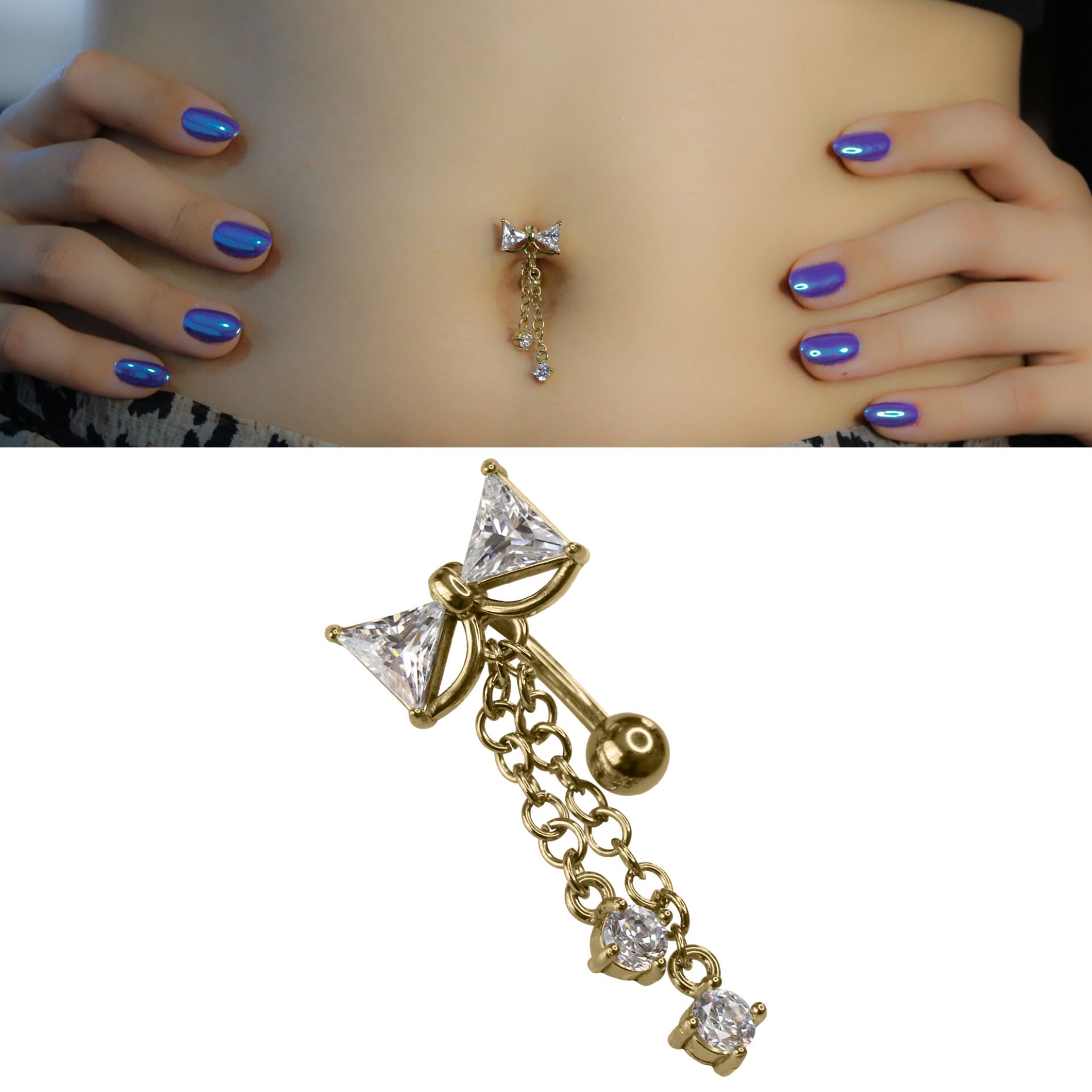 Fiyonk Sallantı Zirkon Çelik Göbek Piercing| Çelik & Gold Seçenekli Fiyonk Sallantı Zirkon Gold Çelik Göbek Piercing