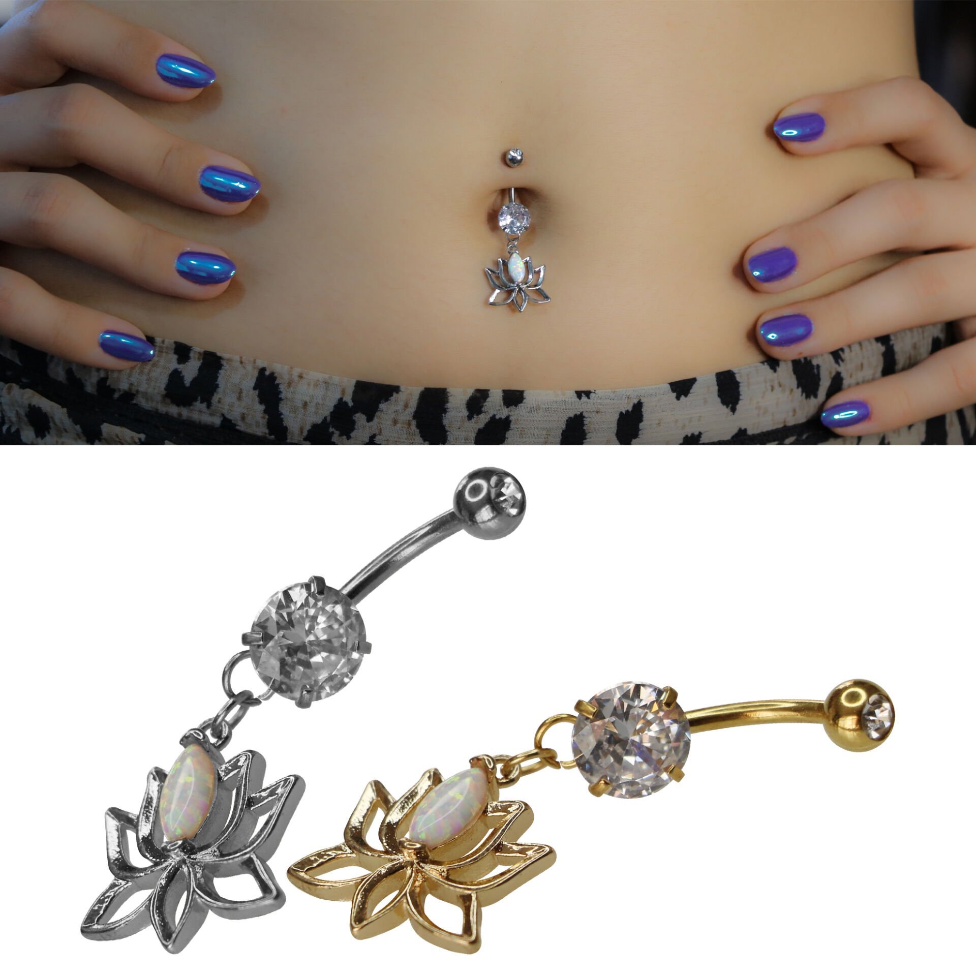 Lotus Opal Zirkon Çelik Göbek Piercing | Çelik & Gold Seçenekli