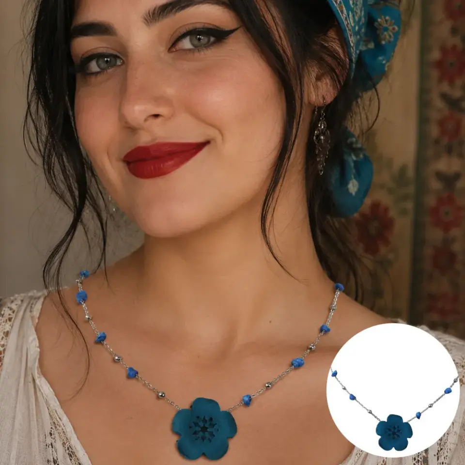 Hekate turkuaz el yapımı Crazy Deri Çiçek Kolye, çelik zincirli bohem kadın kolye