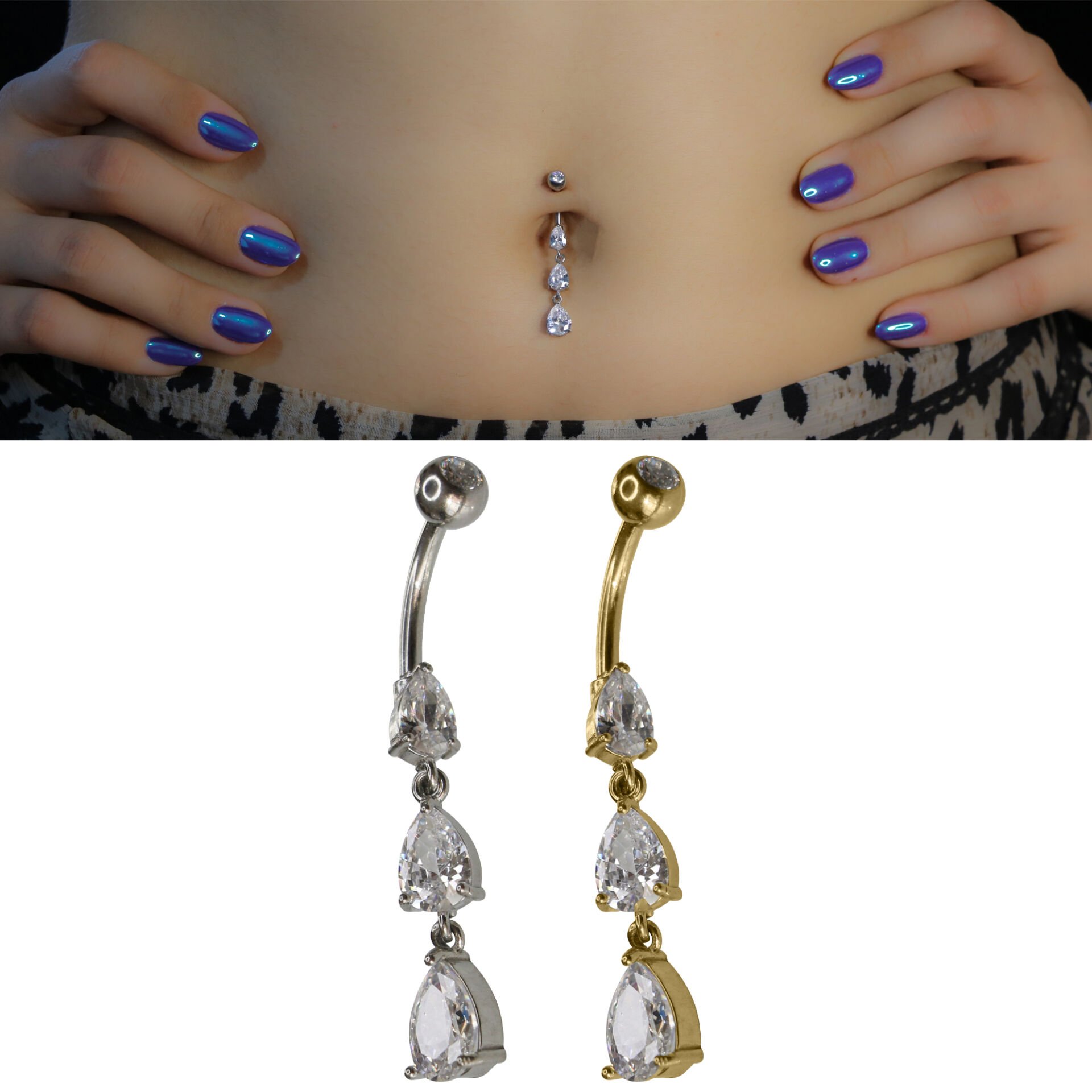 Üç Damla Zirkon Çelik Göbek Piercing | Çelik & Gold Seçenekli