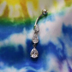 Üç Damla Zirkon Çelik Göbek Piercing | Çelik & Gold Seçenekli