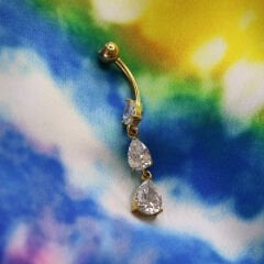 Üç Damla Zirkon Çelik Göbek Piercing | Çelik & Gold Seçenekli