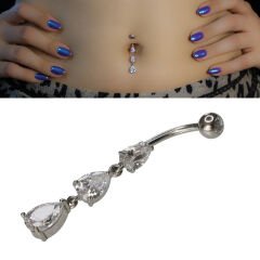 Üç Damla Zirkon Çelik Göbek Piercing | Çelik & Gold Seçenekli