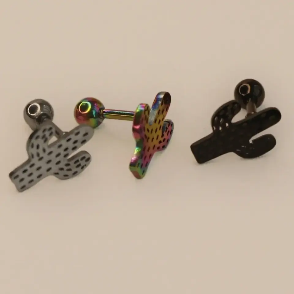 Gümüş siyah ve gökkuşağı renkli kaktüs kıkırdak helix piercing modelleri
