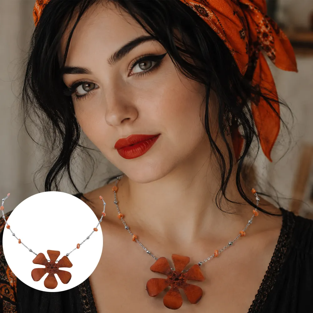 Artemis turuncu Crazy deri çiçek kolye, çelik zincirli el yapımı bohem kadın kolye