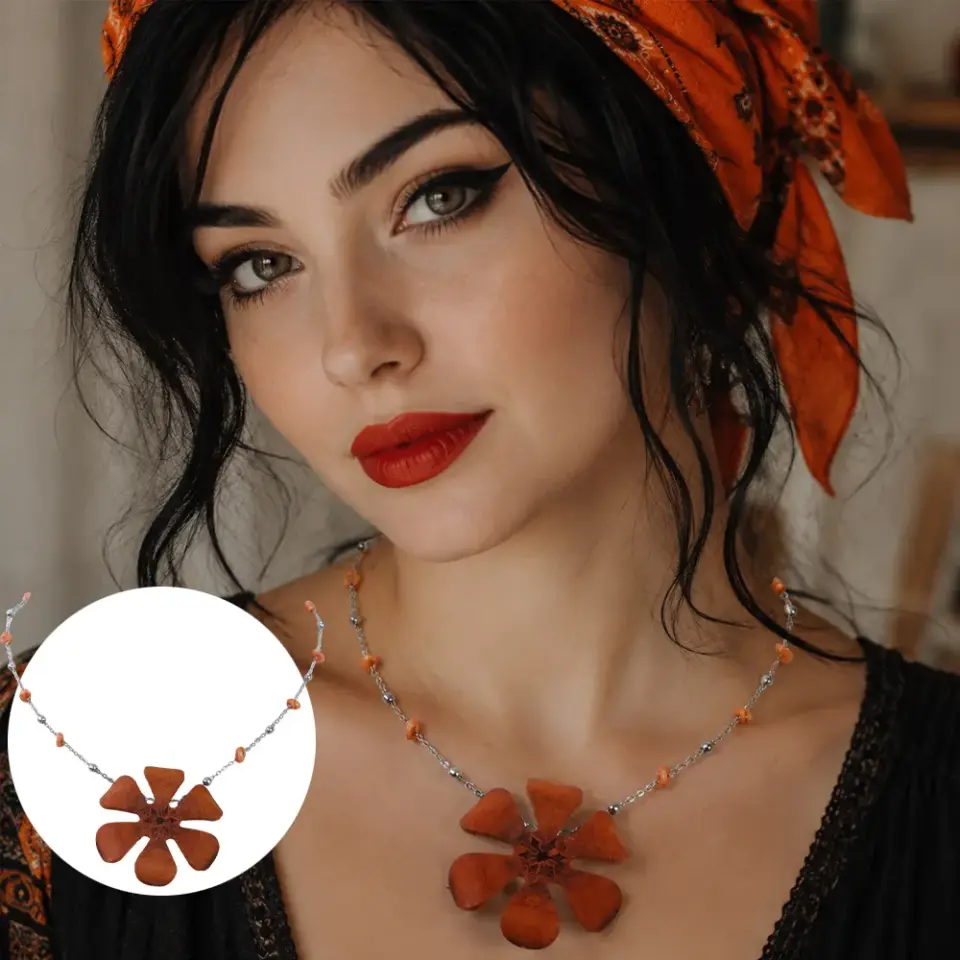 Artemis turuncu Crazy deri çiçek kolye, çelik zincirli el yapımı bohem kadın kolye