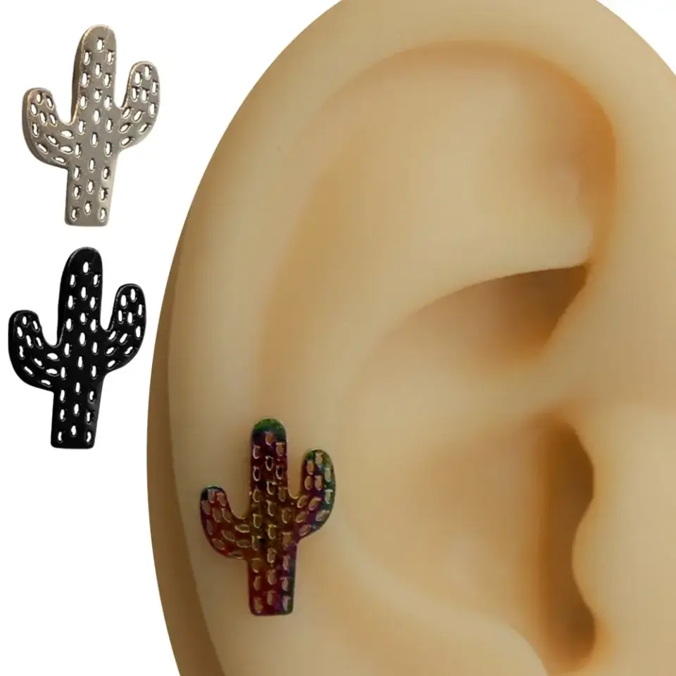 Wild Cactus - Yaban Kaktüsü Tasarım 316L Cerrahi Çelik Kıkırdak Helix Piercing Gökkuşağı