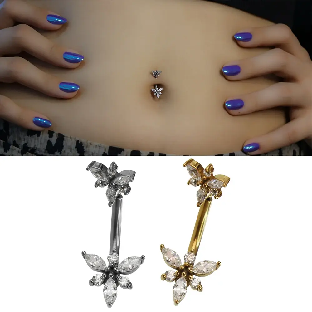 Marquise Flower Markiz Çiçeği Figürlü 316L Cerrahi Çelik Göbek Piercing Gümüş ve Altın Seçenekleri