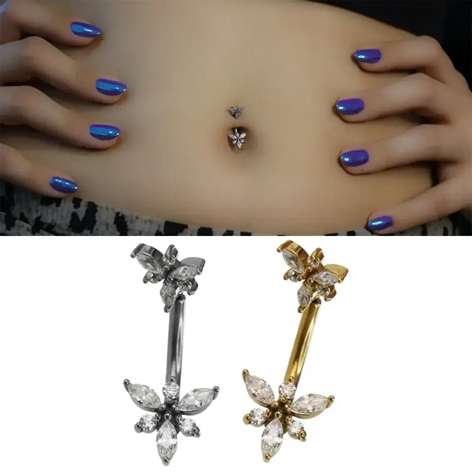 Marquise Flower Markiz Çiçeği Figürlü 316L Cerrahi Çelik Göbek Piercing Gümüş ve Altın Seçenekleri