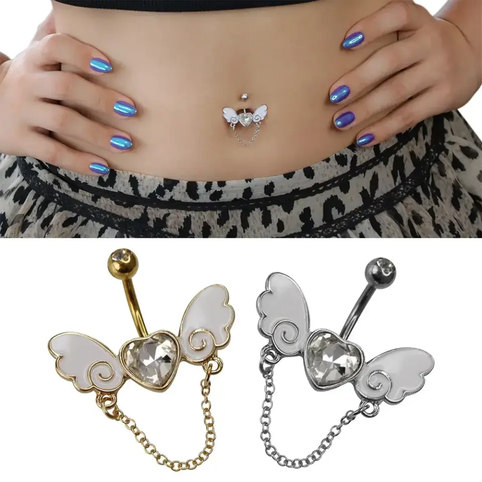 Winged Love Kanatlı Kalp Figürlü 316L Cerrahi Çelik Göbek Piercing Gümüş ve Altın Renkler