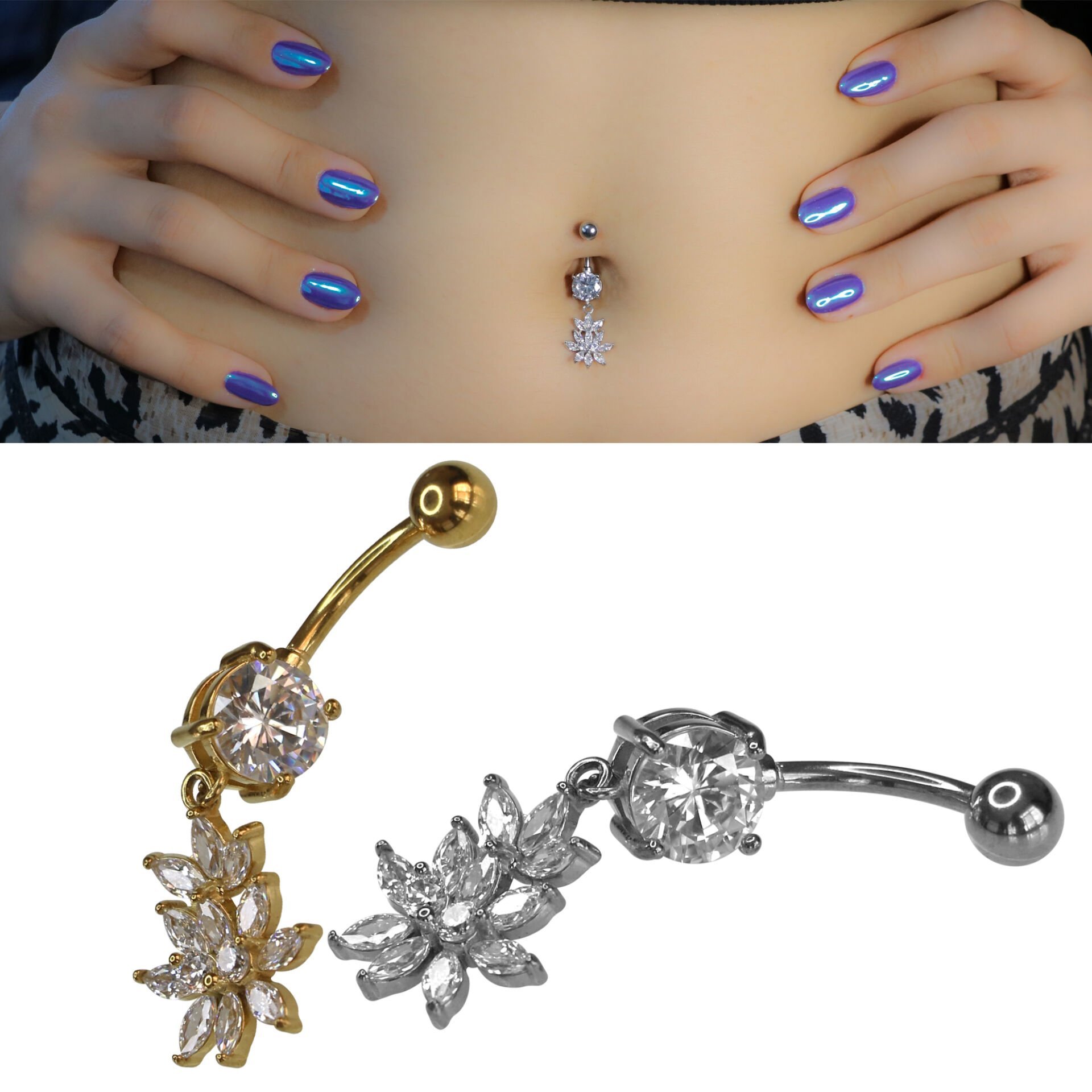 Sallantı Papatya Zirkon Çelik Göbek Piercing | Çelik & Gold Seçenekli