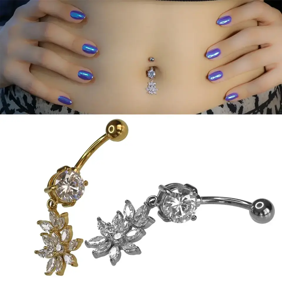 Lotus Çiçeği Figürlü 316L Cerrahi Çelik Göbek Piercing Gümüş ve Altın Seçenekleri