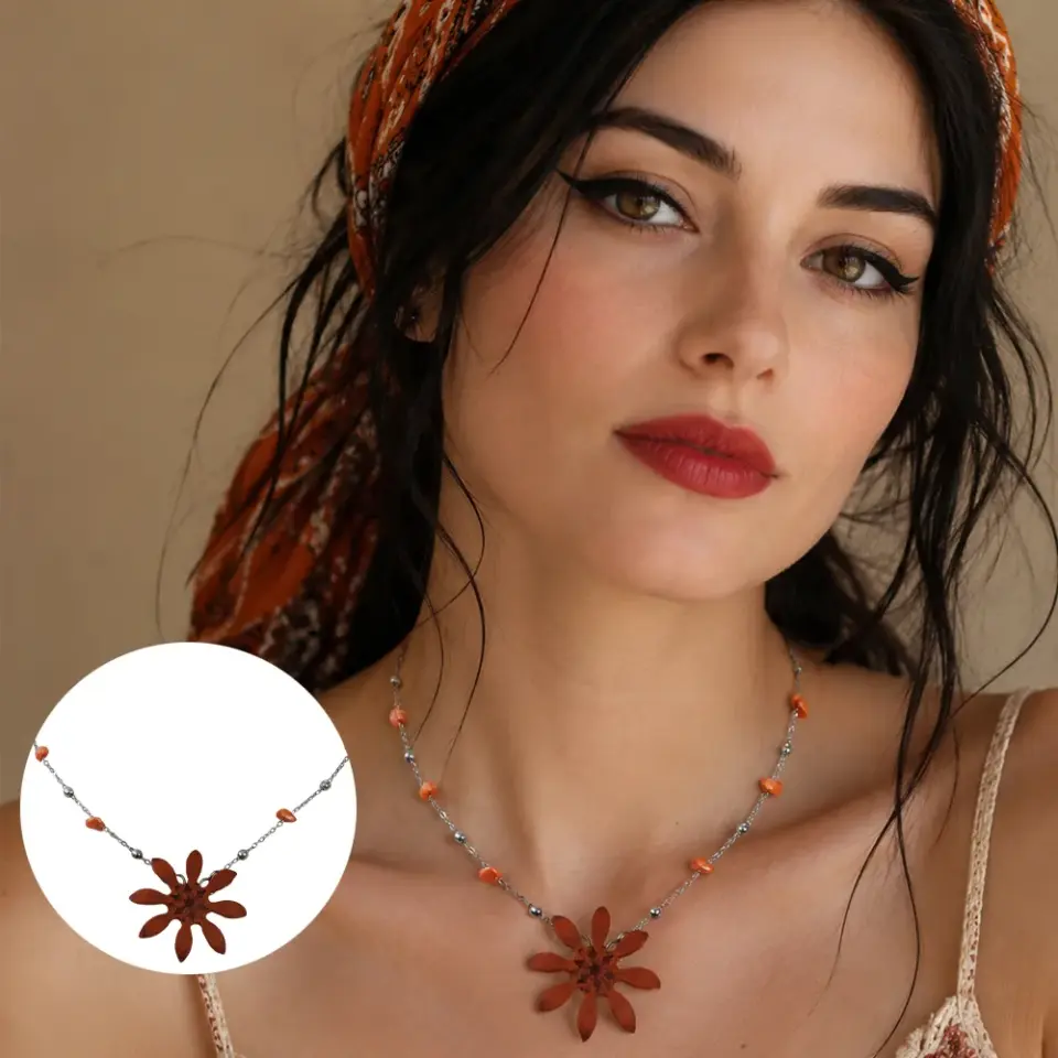 Freya turuncu crazy deri çiçek kolye, çelik zincirli bohem kadın kolye
