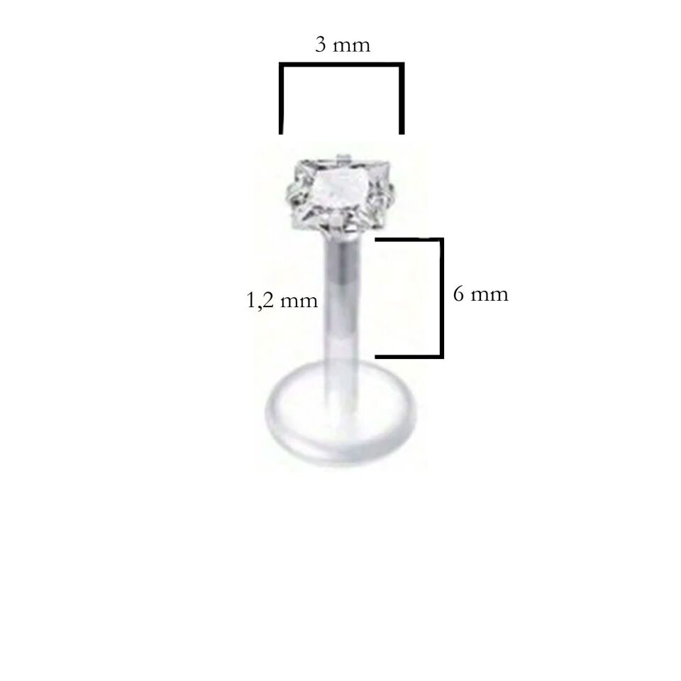 Kare Taş Kristal Bioplastik (PTFE) Labret Piercing, Tragus-Helix-Conch-Burun-Dudak-Kıkırdak