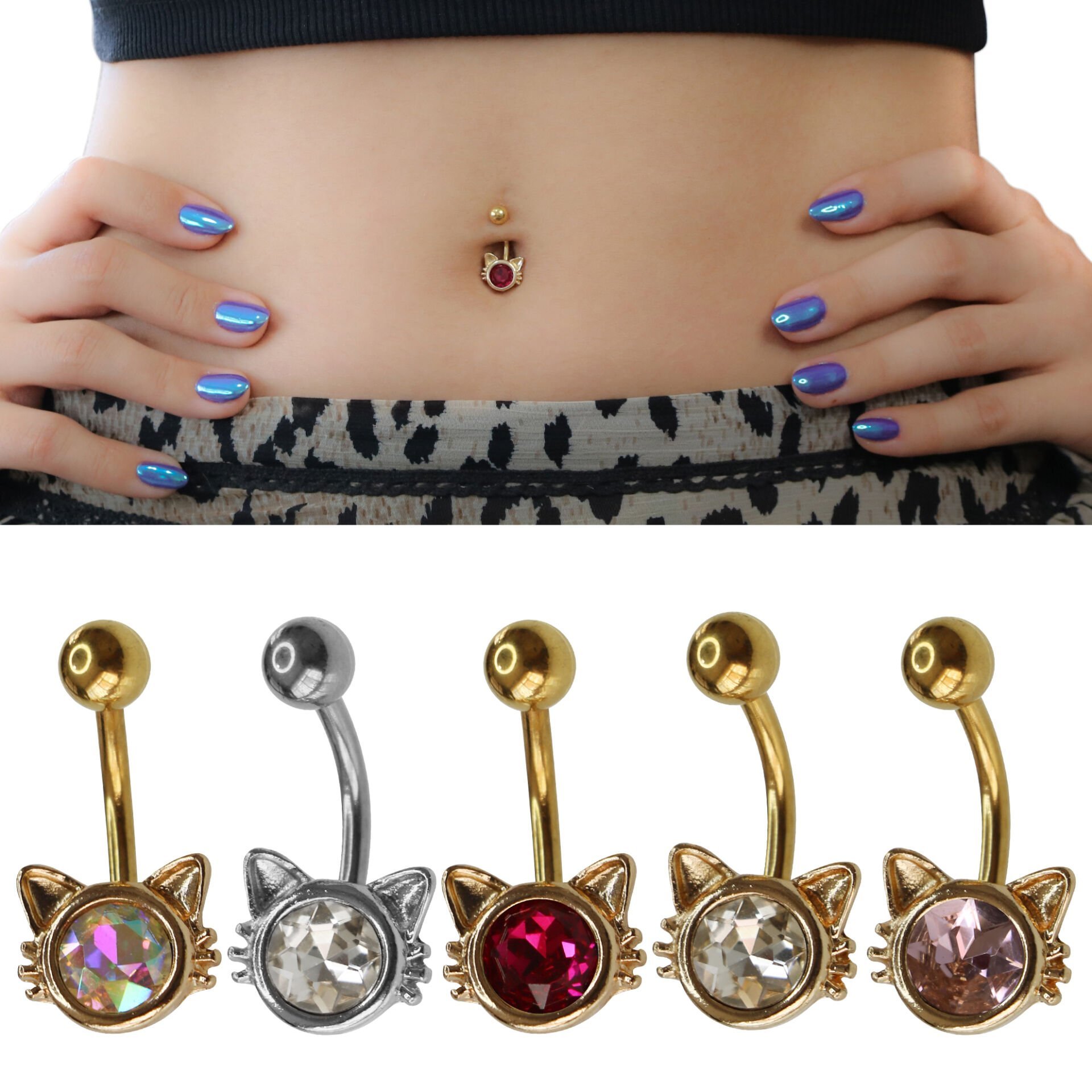 Kristal Tek Taş Kedi Çelik Göbek Piercing | Çelik & Gold Seçenekli