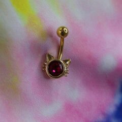 Kristal Tek Taş Kedi Çelik Göbek Piercing | Çelik & Gold Seçenekli