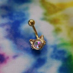 Kristal Tek Taş Kedi Çelik Göbek Piercing | Çelik & Gold Seçenekli