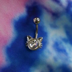 Kristal Tek Taş Kedi Çelik Göbek Piercing | Çelik & Gold Seçenekli