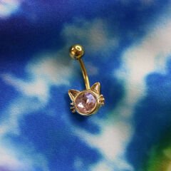 Kristal Tek Taş Kedi Çelik Göbek Piercing | Çelik & Gold Seçenekli