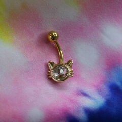 Kristal Tek Taş Kedi Çelik Göbek Piercing | Çelik & Gold Seçenekli
