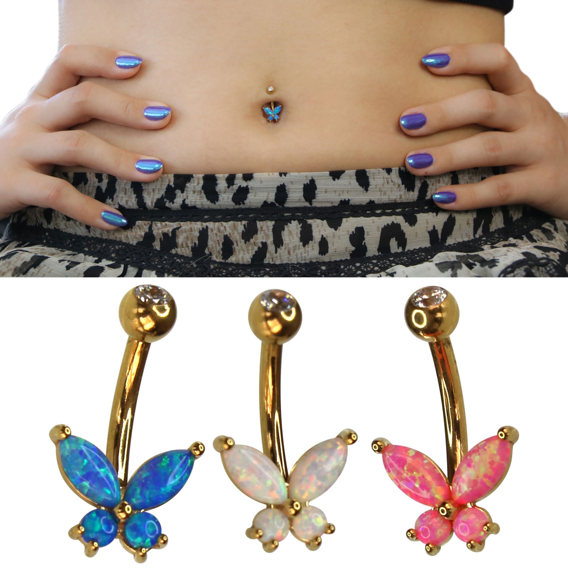 Opal Kelebek Gold Çelik Göbek Piercing | Çelik & Gold Seçenekli