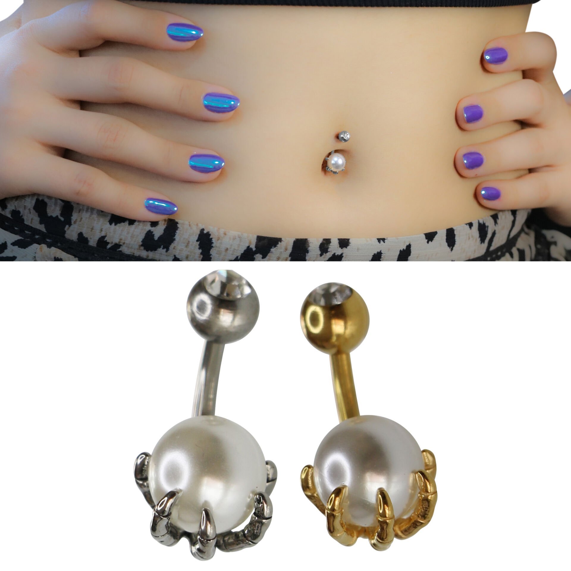 Pençe Figürlü İnci Göbek Piercing | Çelik & Gold Seçenekli