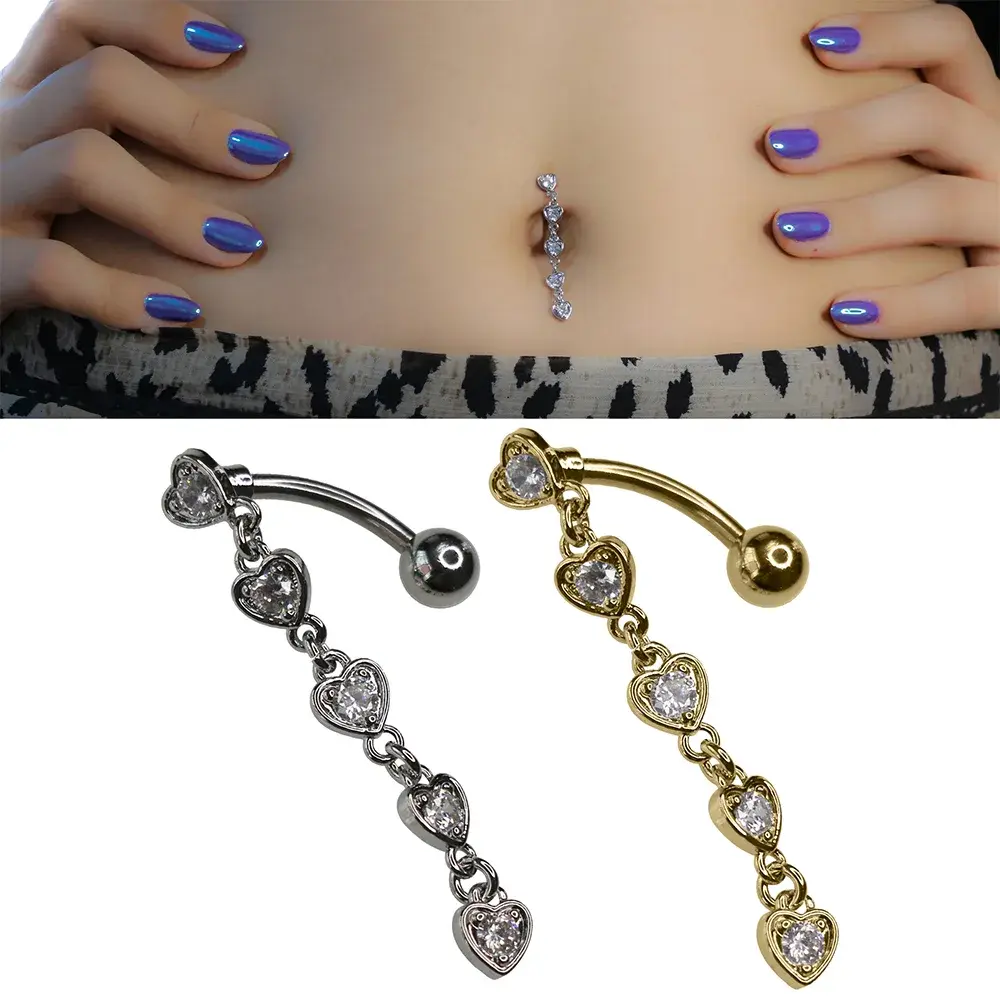 Heart Waterfall Kalp Şelalesi Zirkon 316L Cerrahi Çelik Göbek Piercing Gümüş ve Altın Seçenekleri