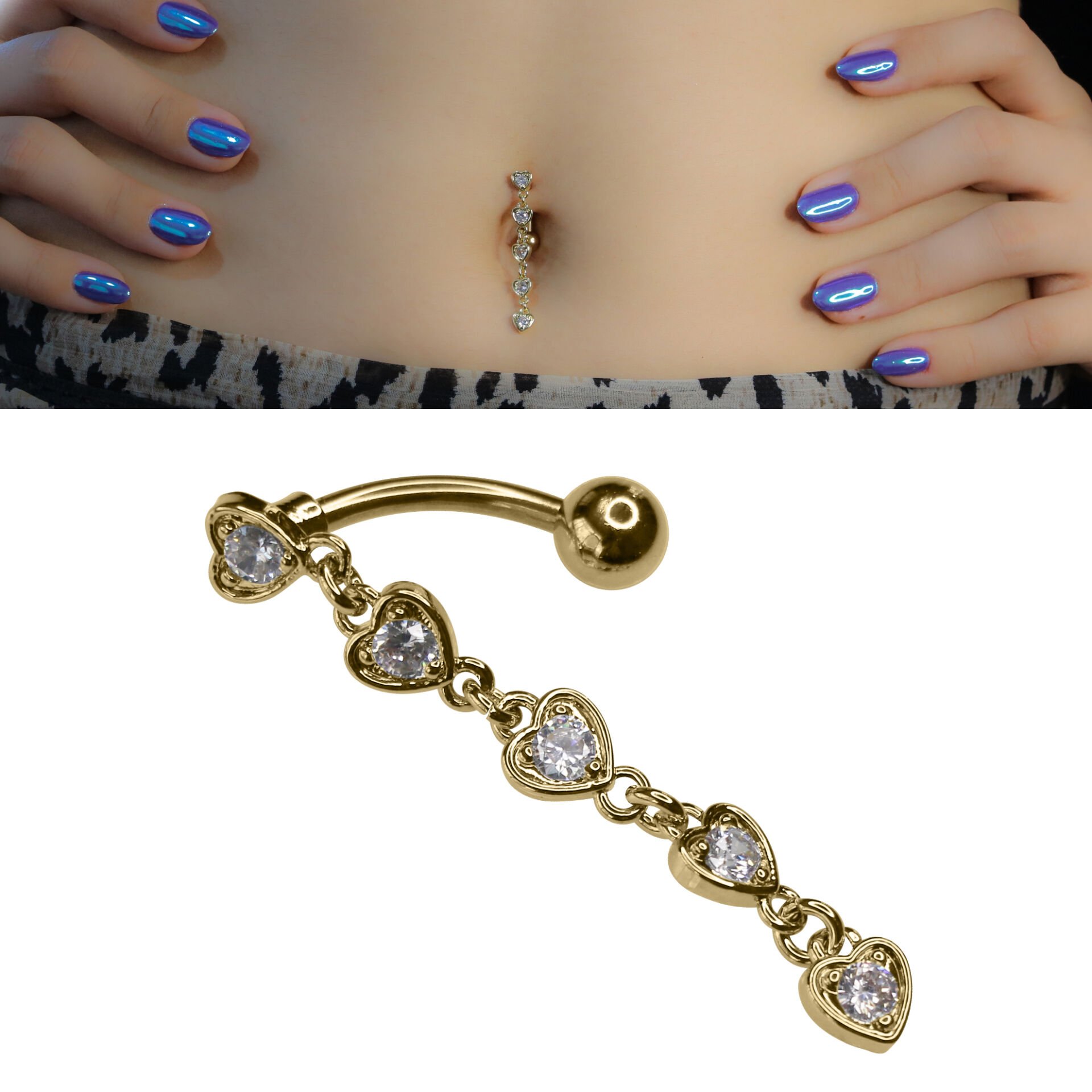 Kalp Sallantı Çelik Göbek Piercing| Çelik & Gold Seçenekli Kalp Sallantı Gold Çelik Göbek Piercing
