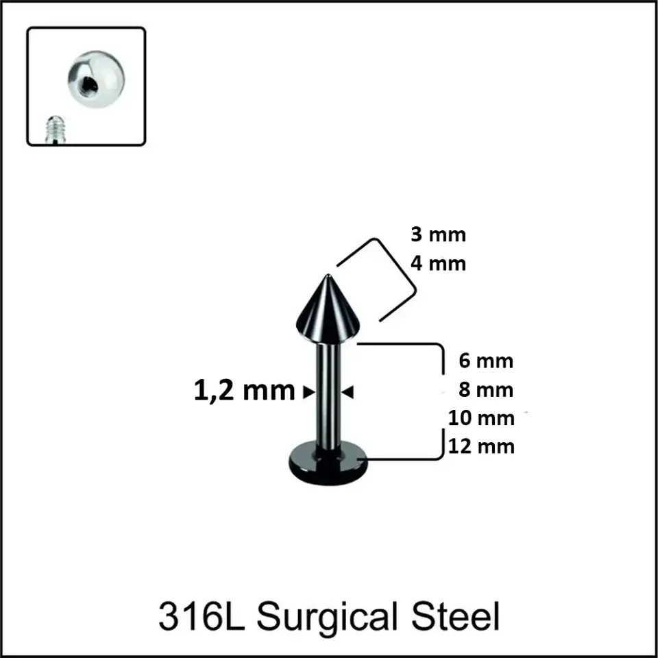 Farklı bar uzunluğu ve spike ölçüsü seçenekli siyah dudak piercing çeşitleri