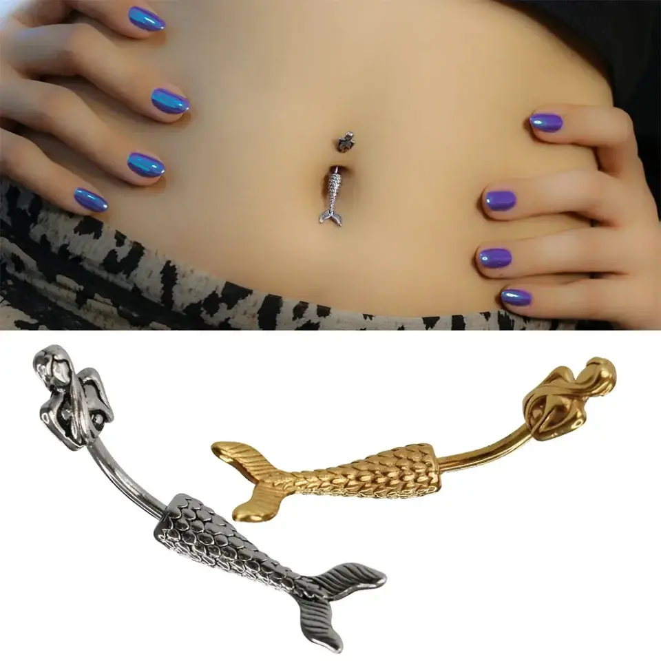 Mermaid Deniz Kızı Zirkon 316L Cerrahi Çelik Göbek Piercing Gümüş ve Altın Renkler