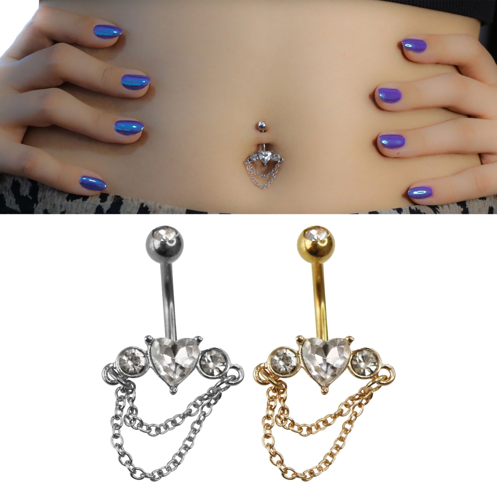 Kalp Zincir Sallantı Zirkon Çelik Göbek Piercing | Çelik & Gold Seçenekli