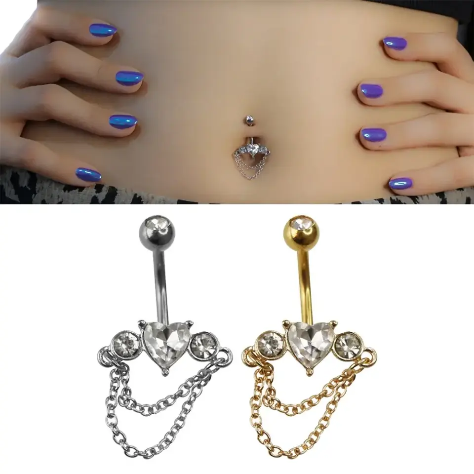 Dancing Love Zincirlenmiş Kalp 316L Cerrahi Çelik Göbek Piercing Gümüş ve Altın Renkler