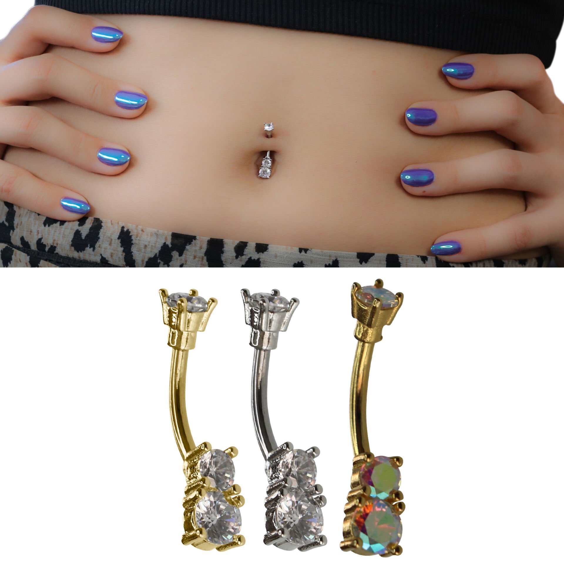 Triple Kristal Çelik Göbek Piercing | Çelik & Gold Seçenekli