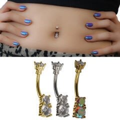 Triple Kristal Çelik Göbek Piercing | Çelik & Gold Seçenekli